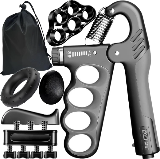 RENEW FORCE kit de renforcement de la prise de main 6-en-1 avec résistance réglable 5–100 kg, compteur et étui (gris)