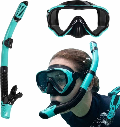 Set de snorkeling avec masque panoramique et tuba sec, bleu‑noir