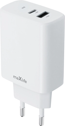 Chargeur secteur MAXLIFE 30 W avec USB‑C PD et USB‑A QC, blanc