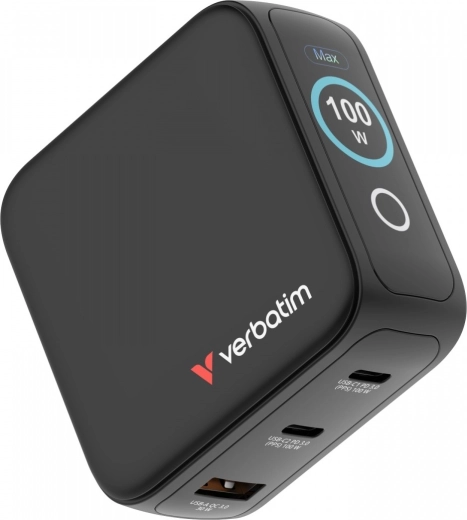 Mini chargeur GaN Verbatim 100 W avec écran TFT intelligent, 2× USB-C + USB-A, adaptateurs EU/UK/USA