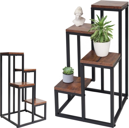 Support à fleurs métallique à 4 niveaux, décor chêne antique - 1 pièce