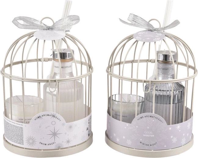 Coffret cadeau diffuseur d’arômes et bougie dans une cage métallique blanche