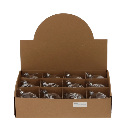 Boule de Noël en verre 8 cm transparente, motifs assortis (lot de 12)