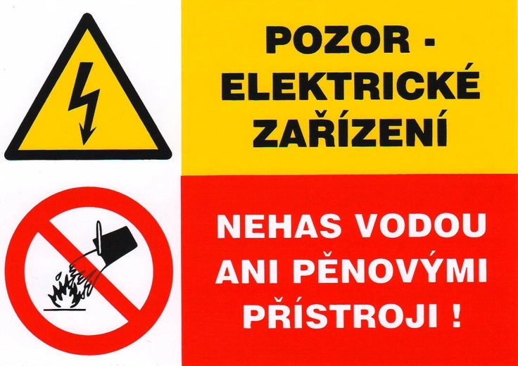 Panneau de sécurité autocollant – Attention équipement électrique, n’éteignez pas avec de l’eau ni avec des extincteurs à mousse (105 × 74 mm)
