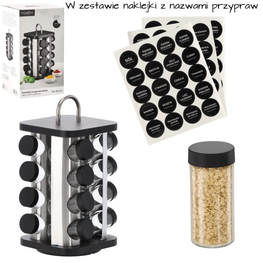 Support à épices carré rotatif avec poignée, 16 bocaux, noir-argenté, 16,5 × 16,5 × 33,5 cm