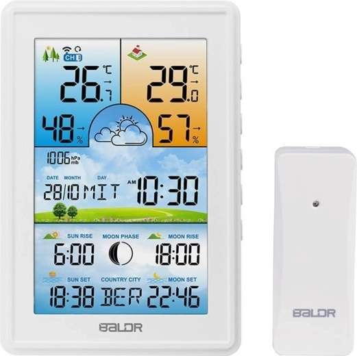 Station météo sans fil Baldr avec capteur extérieur, réveil et phases de la Lune, blanche