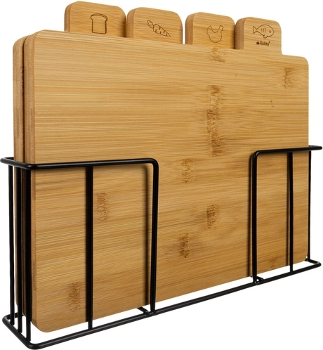 Set de planches à découper en bambou RUHHY, 4 pièces avec support
