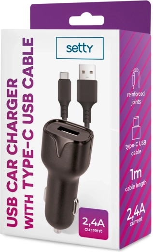 Chargeur voiture Setty 1× USB 2,4 A noir + câble USB‑C 1 m