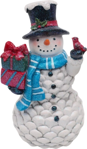 Bonhomme de neige décoratif avec cadeaux – pomme de pin, décoration hivernale pour enfants