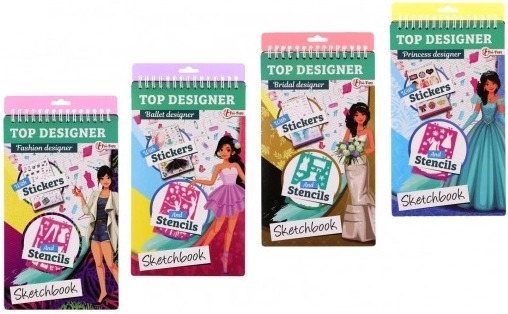 Carnet de croquis TOP DESIGNER pour petites stylistes avec pochoirs et autocollants