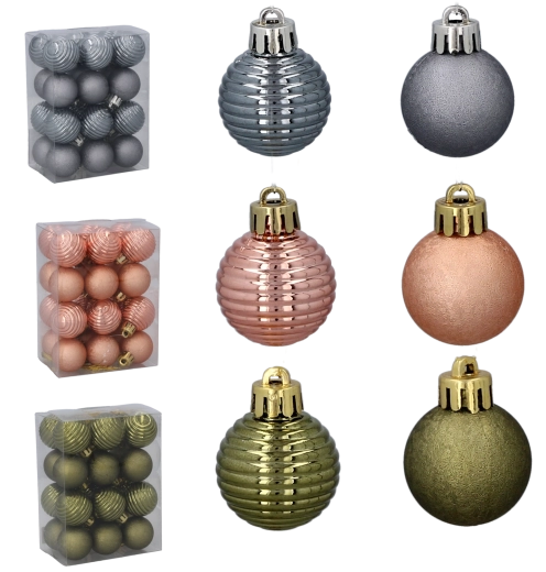 Set de boules de Noël 3 cm – olive, cuivré et graphite, 24 pcs