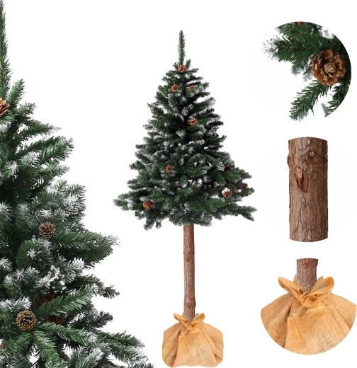 Sapin de Noël artificiel sur tronc 150 cm, pin diamanté avec pommes de pin, enneigé
