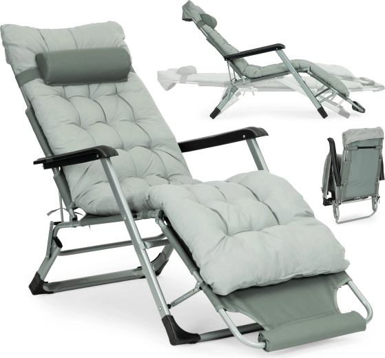 Chaise longue de jardin/plage avec coussin et repose-jambes réglable, gris, MultiGarden