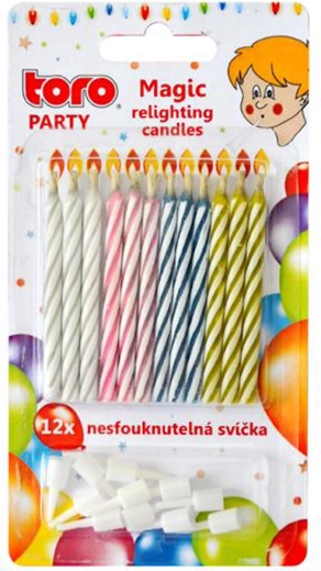 Bougies d’anniversaire inextinguibles avec supports 6 cm (12 bougies + 12 supports) TORO