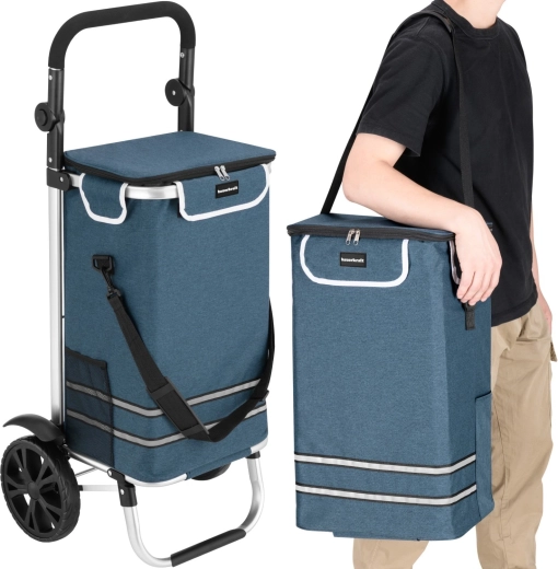 Sac de courses pliable à roulettes Bauerkraft 42 l imperméable avec poche isotherme, bleu