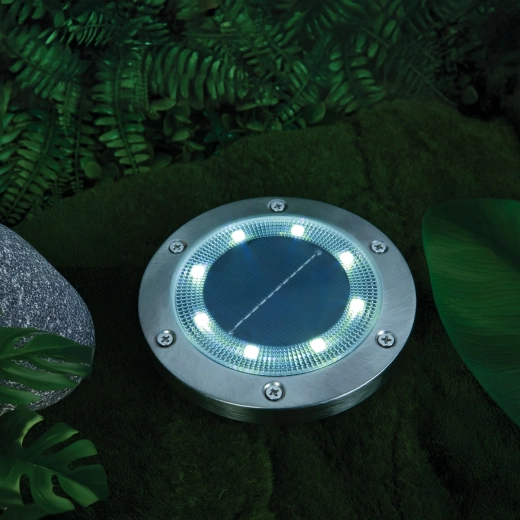 Lampe LED solaire à planter dans le sol ou à fixer au mur, ronde, blanc froid, 12 cm