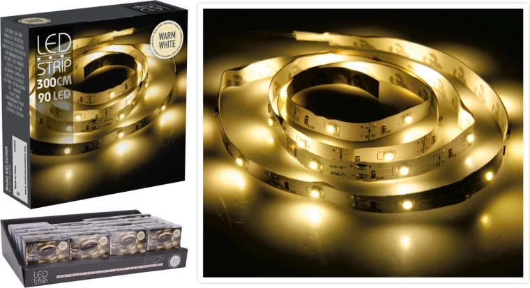 Ruban lumineux LED 3 m, 90 LED, blanc chaud, à piles