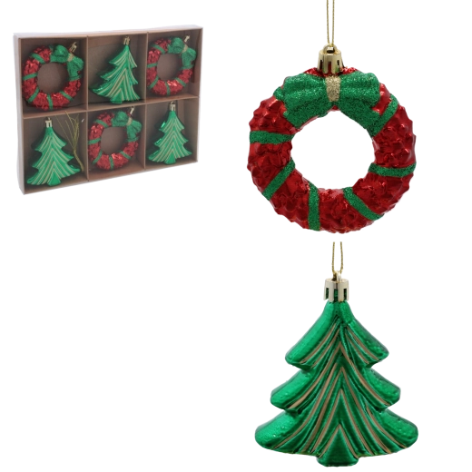 Set de décorations de Noël couronne et sapin 8 cm – 6 pcs