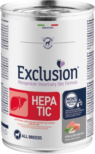 Exclusion Hepatic boîte pour chiens porc avec riz et pois 400 g