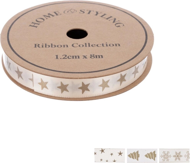 Home Styling ruban décoratif de Noël beige avec imprimé doré 1,2 cm x 8 m