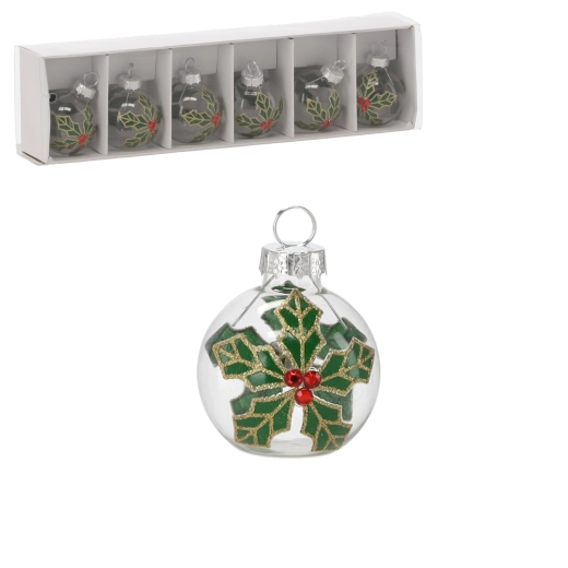 Set de 6 décorations de Noël en verre transparent avec motif de houx