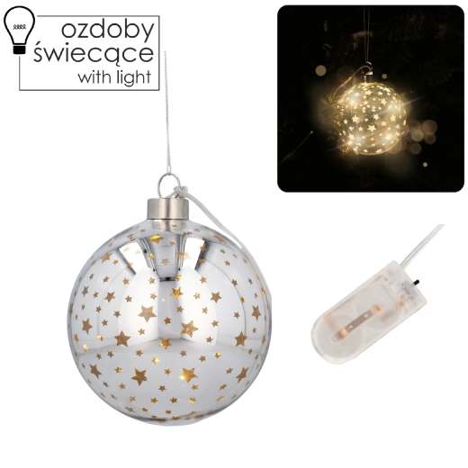 Boule de Noël LED en verre argentée avec étoiles 10 cm