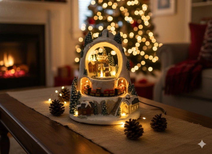 Village d’hiver LED de Noël avec petit train, boîte à musique 23 × 23 × 25,5 cm