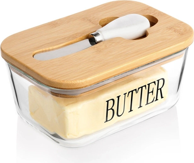 Beurrier en verre avec couvercle en bambou et couteau