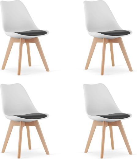 Ensemble de quatre chaises noir et blanc avec pieds en bois