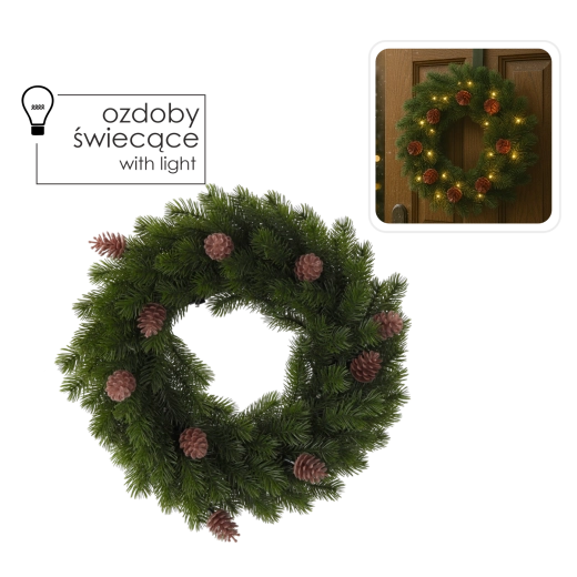 Couronne LED de Noël 40 cm avec pommes de pin, blanc chaud, à piles