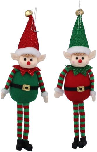 Lutin de Noël suspendu en feutre avec paillettes 10 × 28 cm, rouge‑vert, lot de 6 pièces