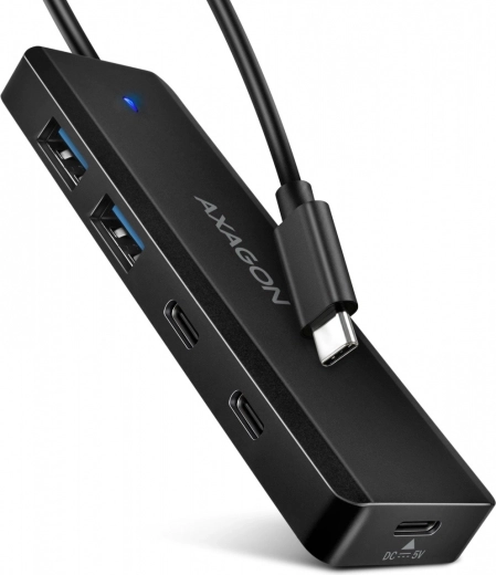 Hub USB‑C de voyage AXAGON 4 ports 5 Gbit/s (2× USB‑A, 2× USB‑C) avec alimentation USB‑C et câble de 19 cm