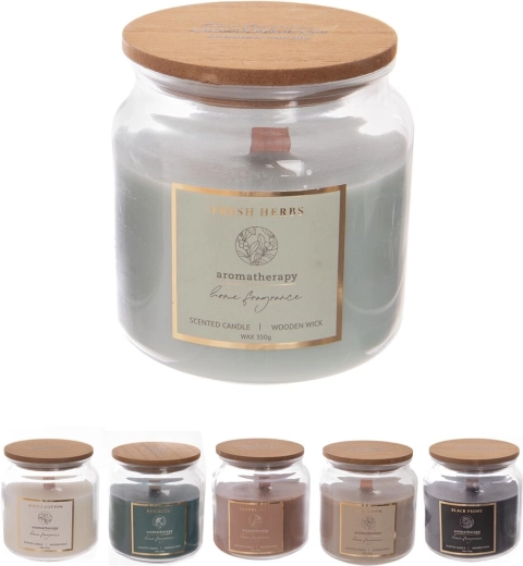 Bougie parfumée en verre avec mèche en bois 350 g (assortiment de 6 parfums)