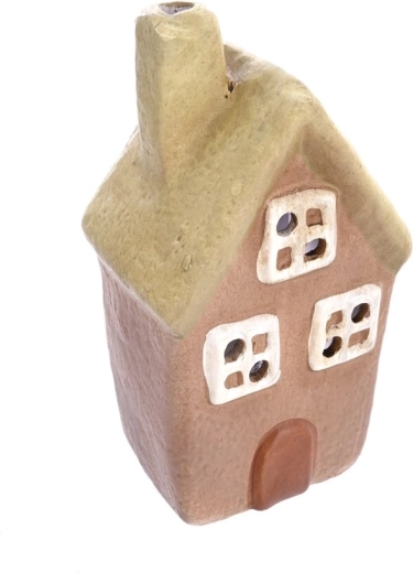 Bougeoir en céramique en forme de petite maison beige-vert 14 cm
