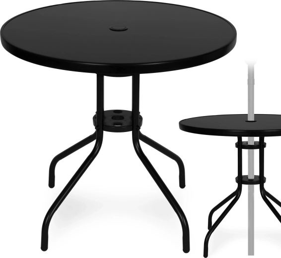 Table de jardin ronde 80 cm en verre trempé avec trou pour parasol, noire MultiGarden