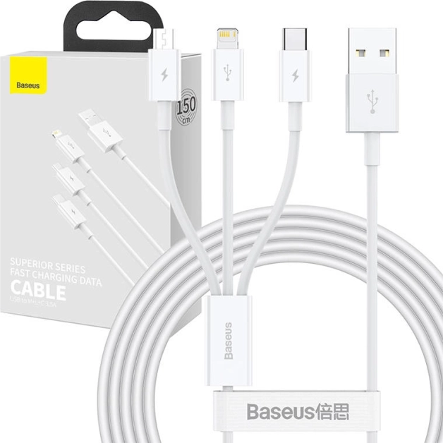 Câble de charge et de données 3‑en‑1 Baseus Superior, USB vers Micro USB / USB‑C / Lightning, 3,5 A, 1,5 m, blanc