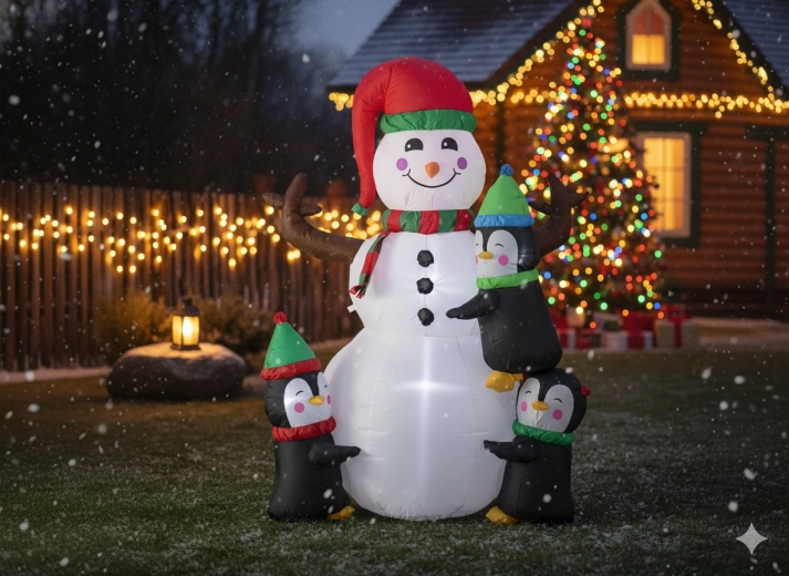 Bonhomme de neige gonflable avec manchots avec éclairage LED 190 cm