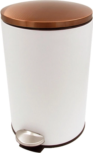 Poubelle à pédale 12 L ronde, en métal, blanche avec couvercle cuivré