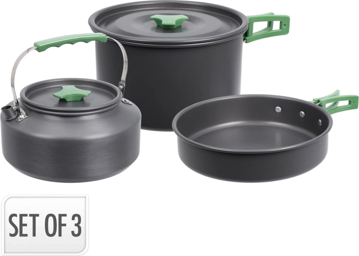 Set de cuisine de camping 3 pièces en aluminium – casserole, bouilloire et poêle, noir
