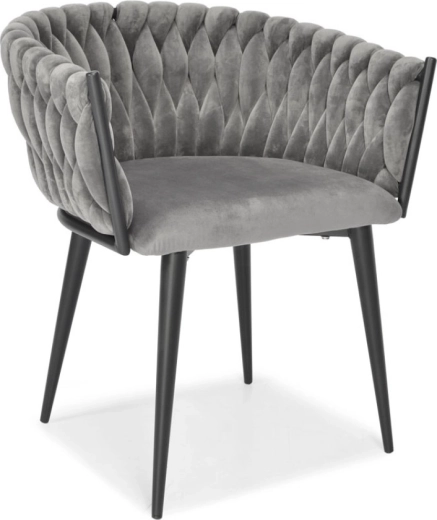 Chaise rembourrée en velours pour salle à manger et salon, velours gris, pieds métalliques noirs