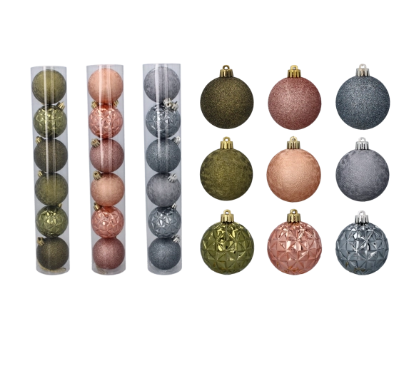 Lot de boules de Noël olive, cuivre et graphite 6 cm, 6 pièces