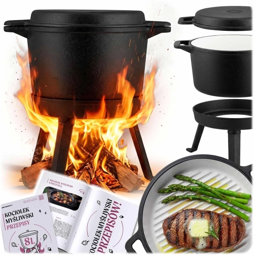 Chaudron en fonte émaillée 8 l avec trépied et poêle-gril