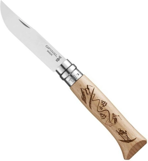 Opinel N°08 couteau de poche avec gravure Ski, bois de hêtre, 8,5 cm
