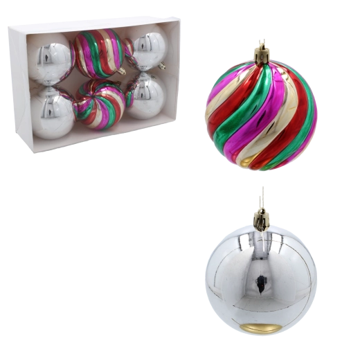 Ensemble de 6 décorations de Noël pour sapin 8 cm – boules argentées et rayées en plastique incassable