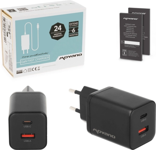 Chargeur secteur Movano GaN 45 W USB-C PD + USB-A noir