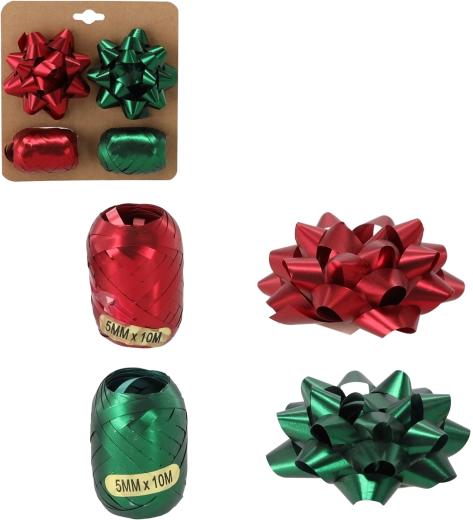 Kit d’emballage cadeaux – vert et rouge (2 rubans + 2 nœuds)