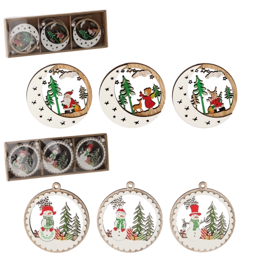 Ensemble de décorations de Noël en bois à suspendre – bonhomme de neige et lune avec étoiles (6 pcs)
