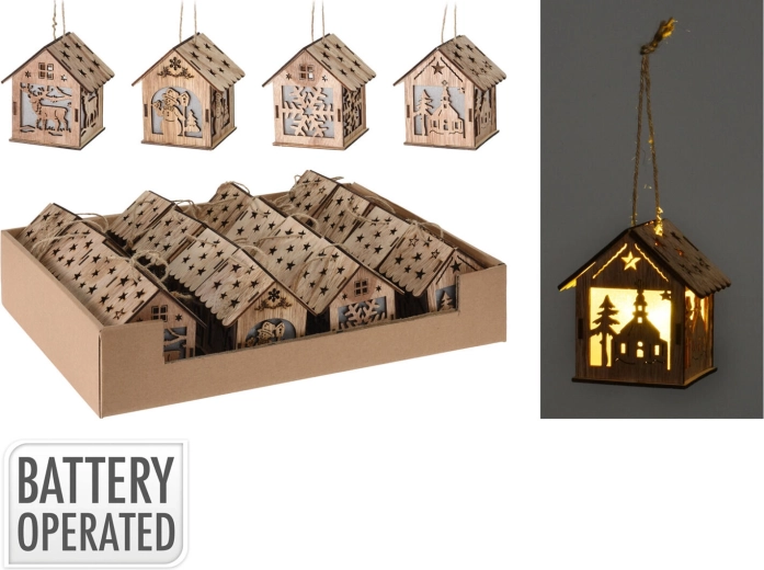Décoration suspendue en bois maison avec LED, 9 cm