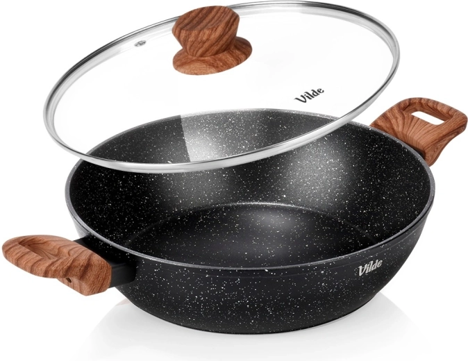 Poêle profonde en granit avec couvercle en verre 28 cm, 3,5 l – Vilde Granitica Wood