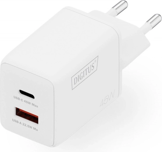 Chargeur secteur GaN II 45 W, 1× USB‑C et 1× USB‑A, PD 3.0 et QC 3.0, blanc